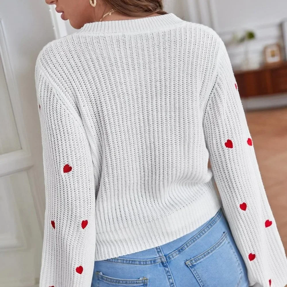Heart Embroidered Bishop Sleeve knit Sweater Cardigan - Picture 5 of 5